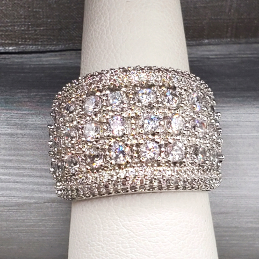 Wide Band Diamond Silver Tone Ring